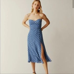 Reformation Juliette Dress in Lazuli NWT Size 0 Blue White Polka Dots